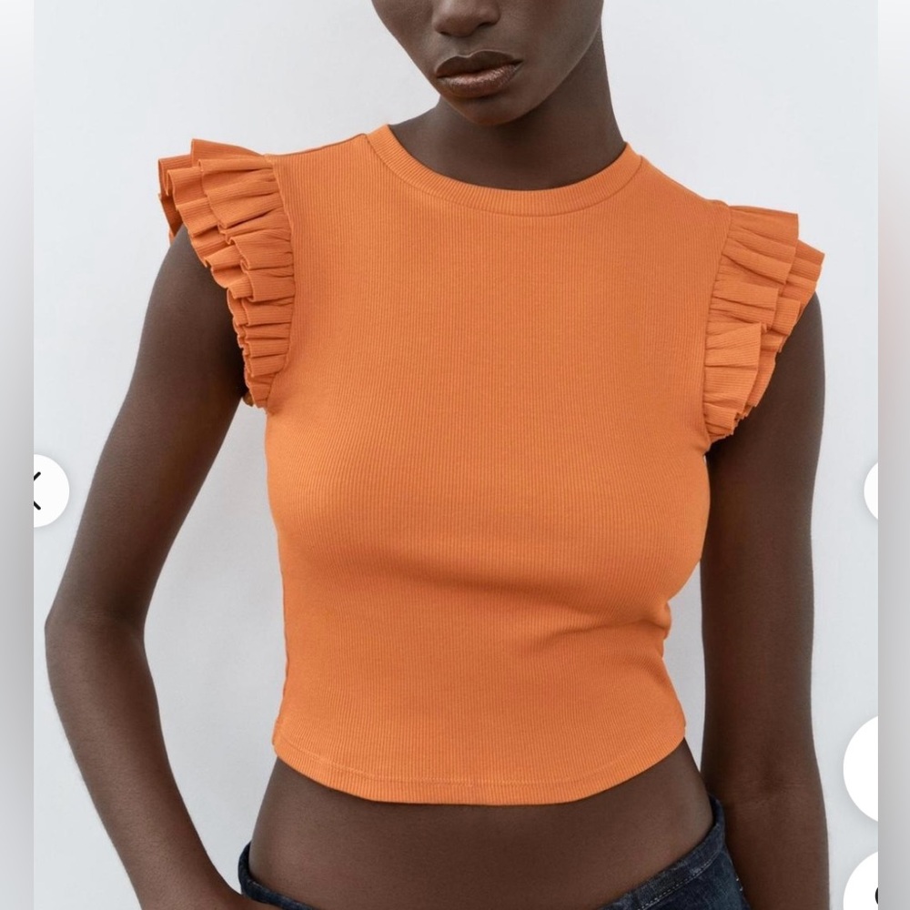 Zara orange ribbed ruffle sleeve top